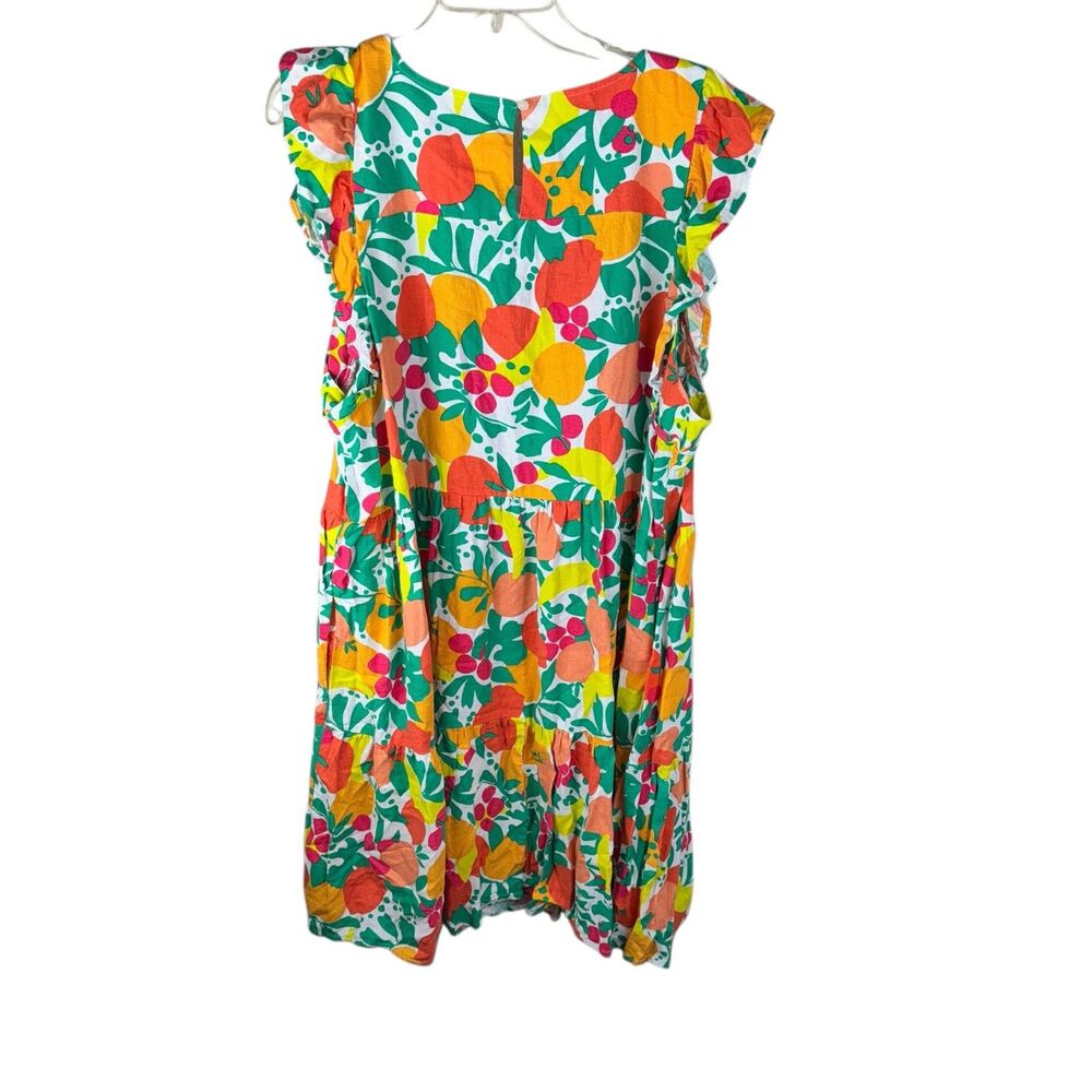 J. Crew Factory Linen Blend Printed Tiered Dress Bright Guava Kiwi 20 Pockets - Picture 2 of 5